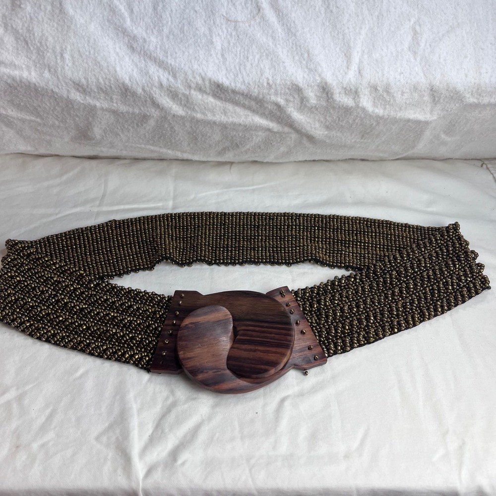 Vintage Bronze Beaded Wide Waist Belt Interlocking Wood Buckle Boho Statement